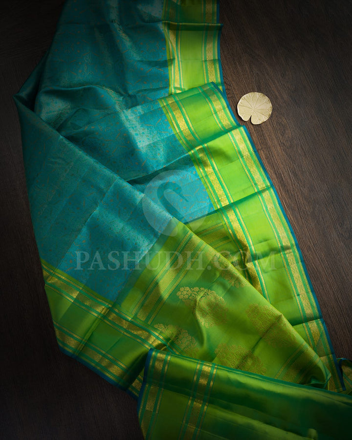 Sky Blue With Parrot Green Kanjivaram Silk Saree-DJ455(C)