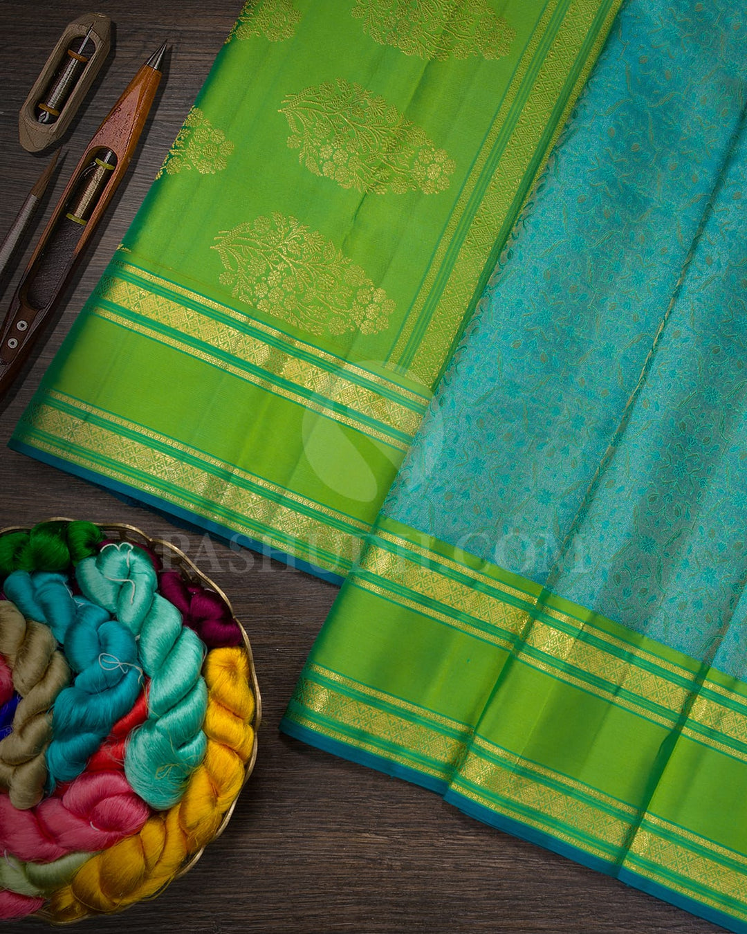 Sky Blue With Parrot Green Kanjivaram Silk Saree-DJ455(C)