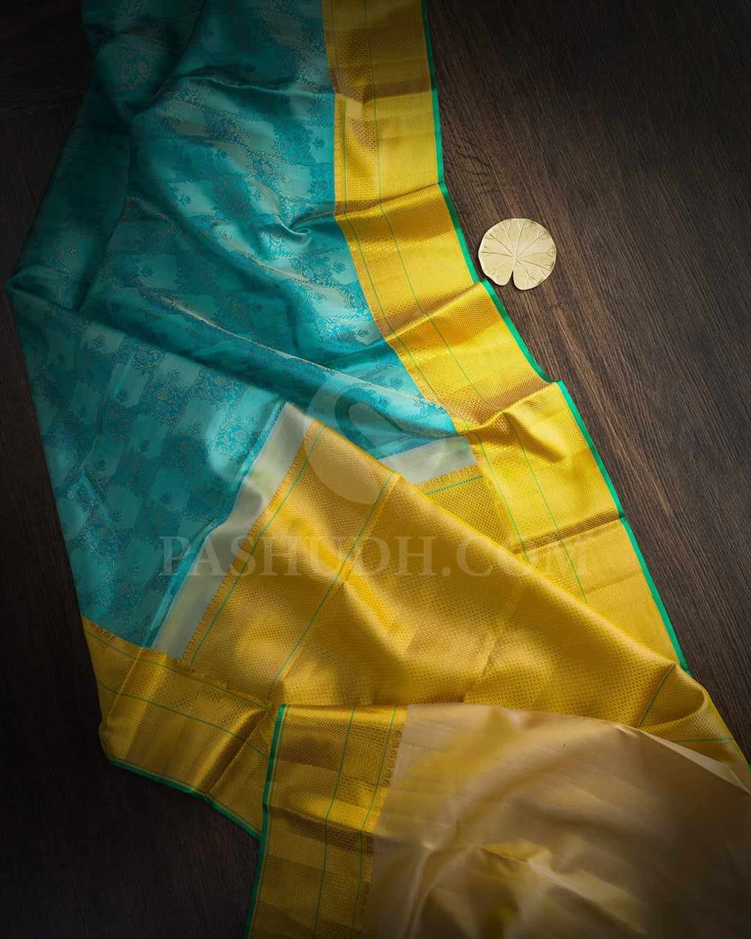 Tiffany Blue And Mustard Yellow Kanjivaram Silk Saree-D701(A)
