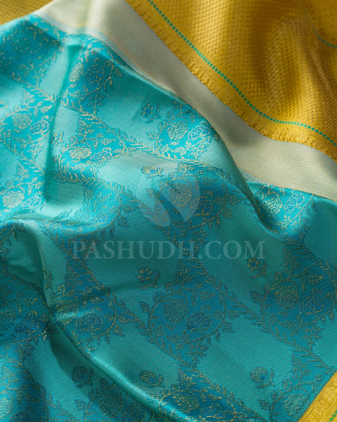 Tiffany Blue And Mustard Yellow Kanjivaram Silk Saree-D701(A)