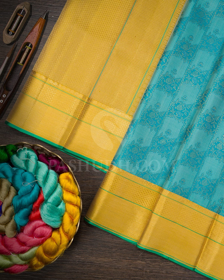 Tiffany Blue And Mustard Yellow Kanjivaram Silk Saree-D701(A)