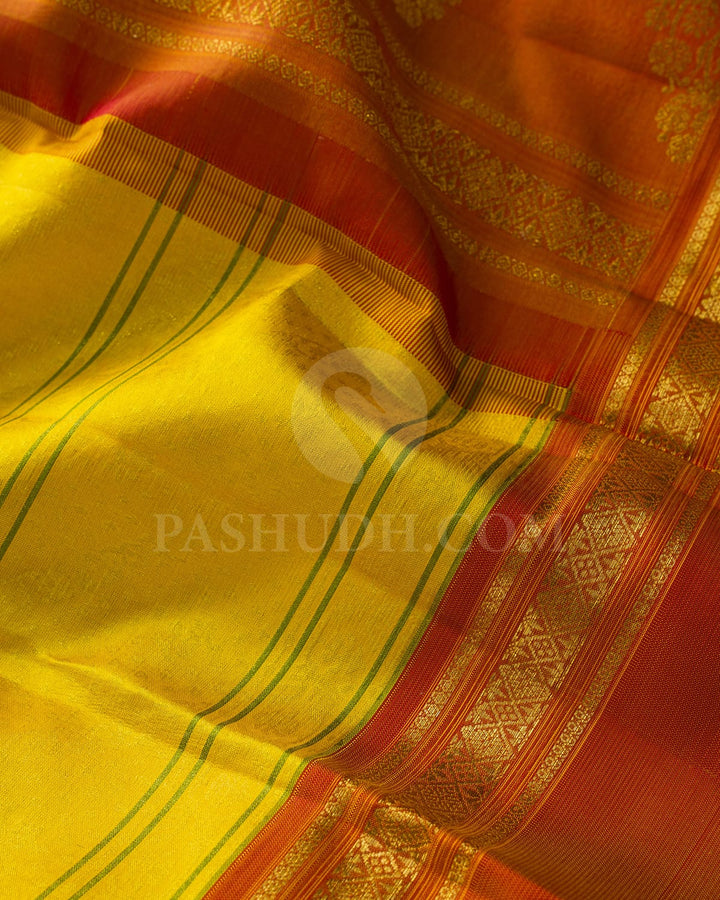 Bright Yellow And Dual Shaded Red With Yellow Kanjivaram Silk Saree-DJ448(C)