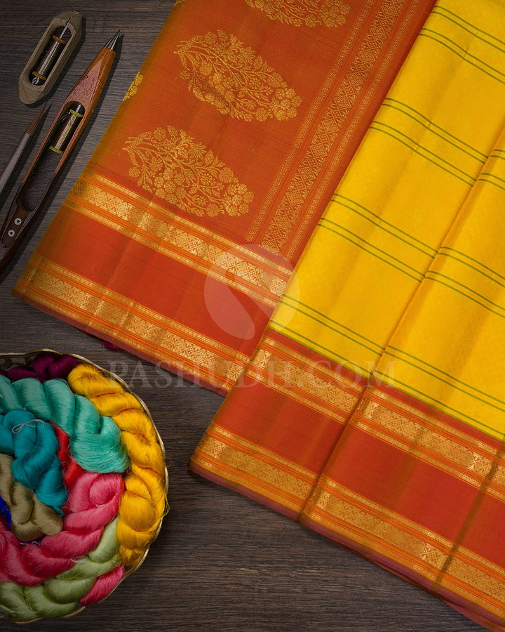 Bright Yellow And Dual Shaded Red With Yellow Kanjivaram Silk Saree-DJ448(C)