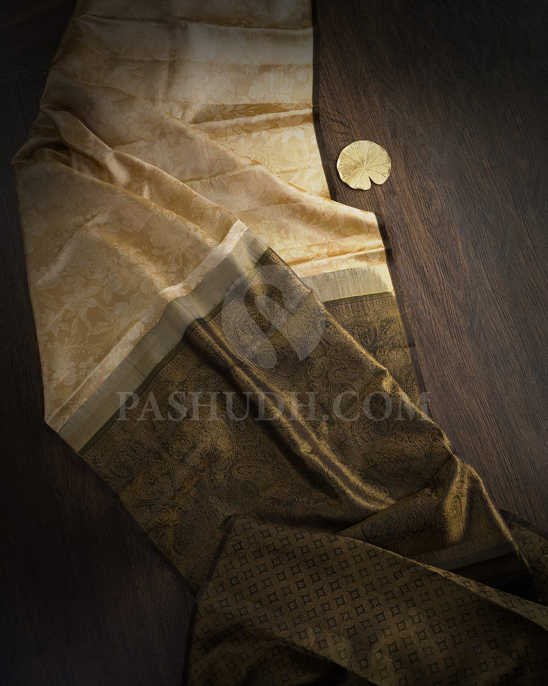 Golden Beige And Ivory With Black Borderless Kanjivaram Silk Saree-DJ422(E)