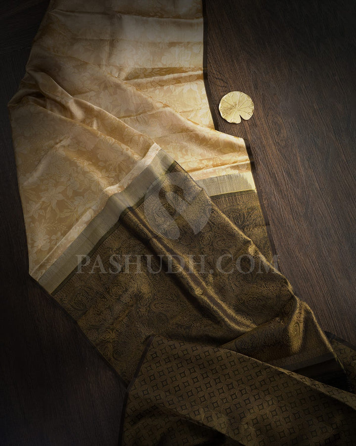 Golden Beige And Ivory With Black Borderless Kanjivaram Silk Saree-DJ422(E)