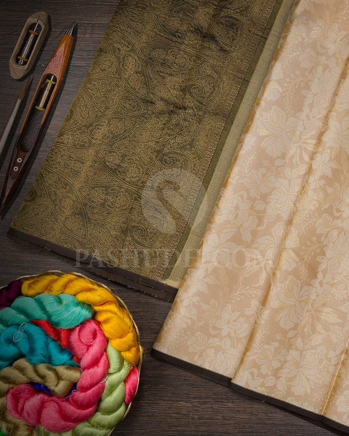 Golden Beige And Ivory With Black Borderless Kanjivaram Silk Saree-DJ422(E)