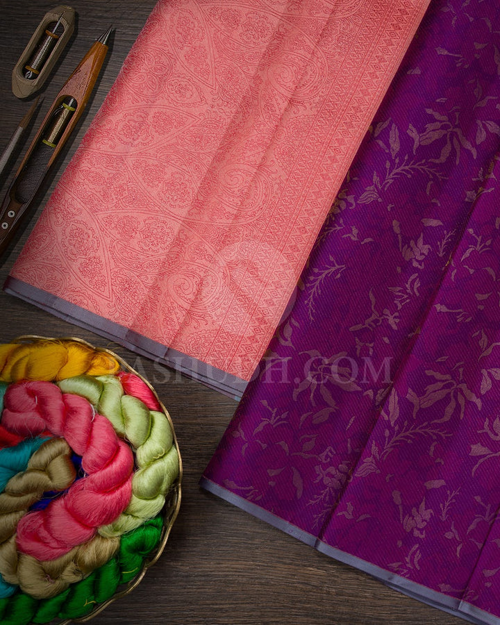 Royal Purple With Rani Pink And Peachy Pink Borderless Kanjivaram Silk Saree-DJ422(F)