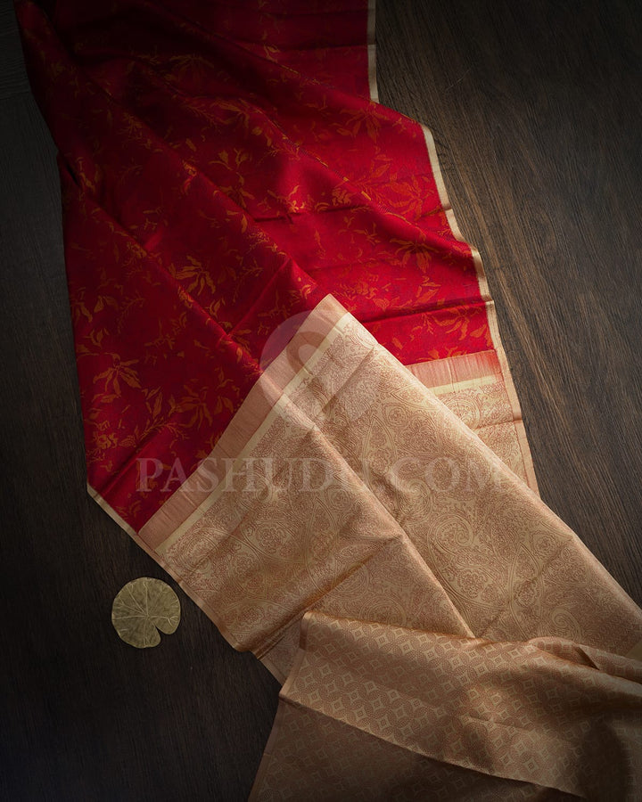 Bright Red With Beige Borderless Kanjivaram Silk Saree-DJ422(G)