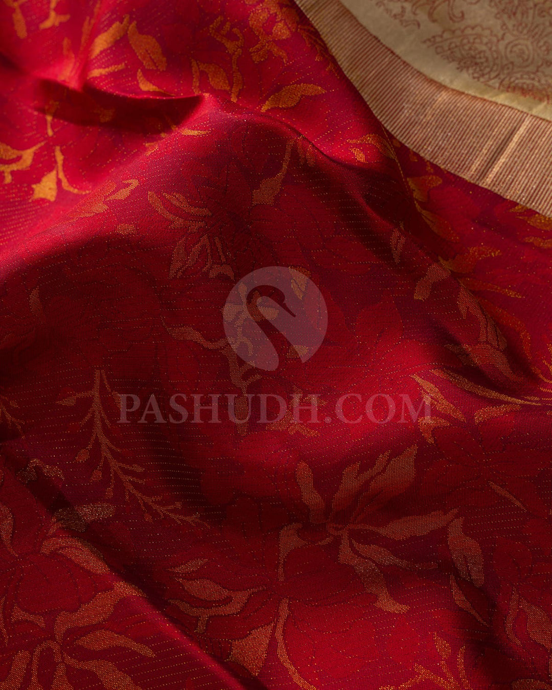 Bright Red With Beige Borderless Kanjivaram Silk Saree-DJ422(G)
