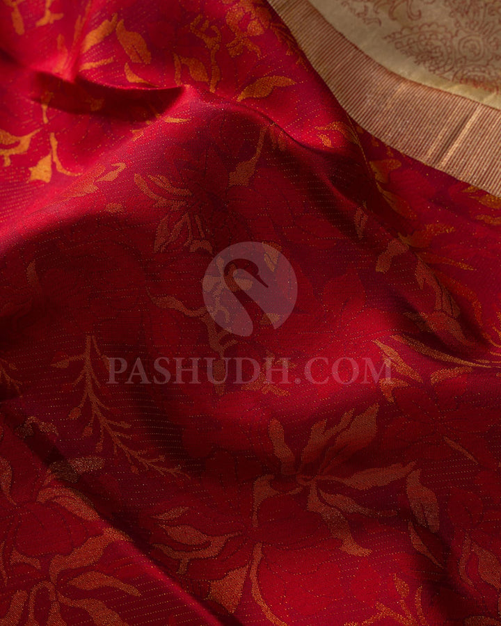 Bright Red With Beige Borderless Kanjivaram Silk Saree-DJ422(G)