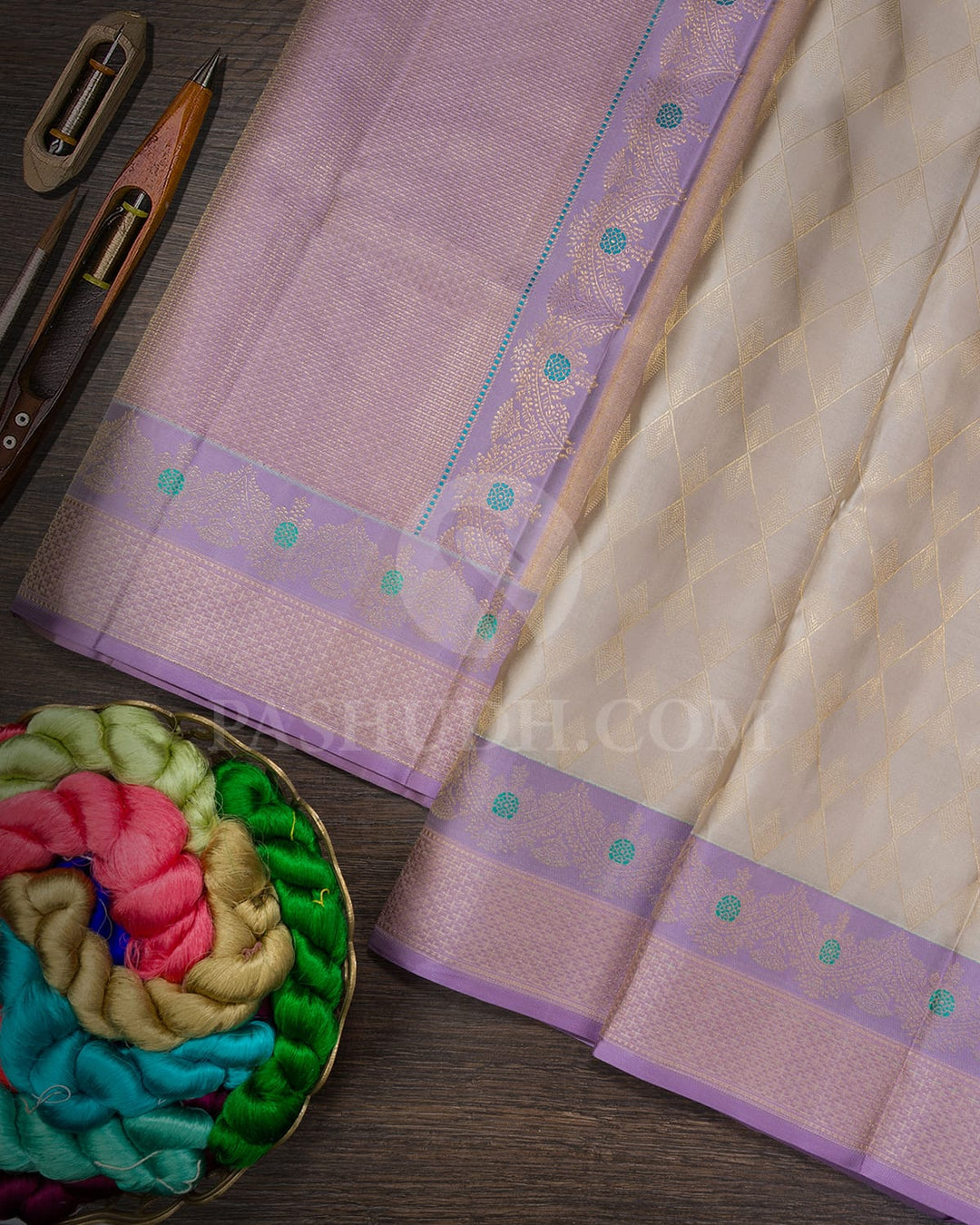 Ivory And Lilac Kanjivaram Silk Saree-D669(H)