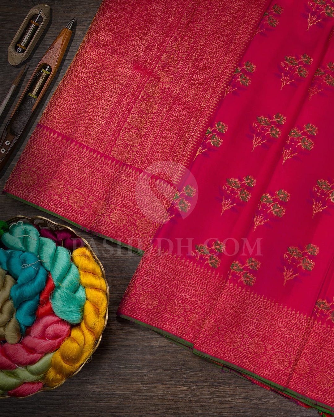 Dual Shaded Reddish Pink With Forest Green Kanjivaram Silk Saree-DJ458(A)