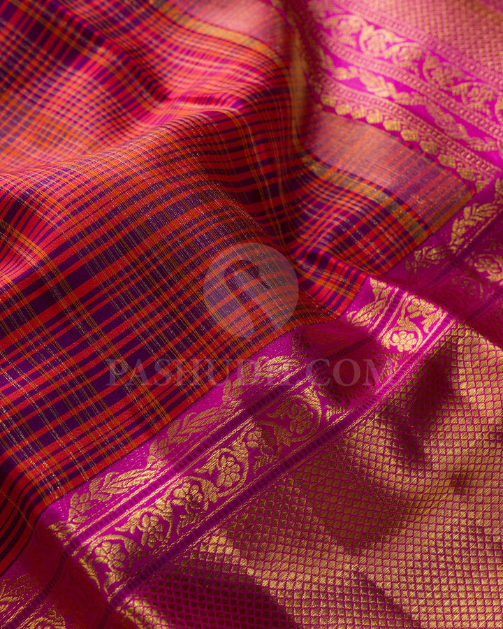 Violet With Pumpkin Orange And Rani Pink Kanjivaram Silk Saree-D675(D)