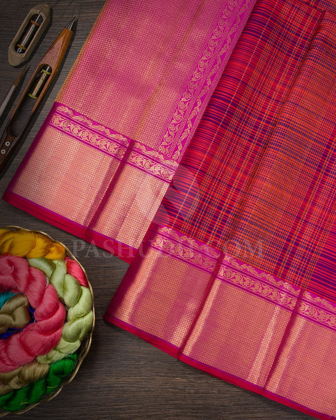 Violet With Pumpkin Orange And Rani Pink Kanjivaram Silk Saree-D675(D)