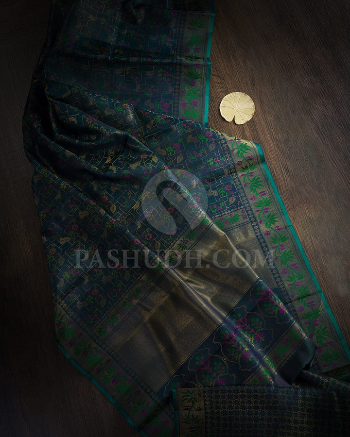 Dual Shaded Peacock Blue Kanjivaram Silk Saree-DJ401(F)