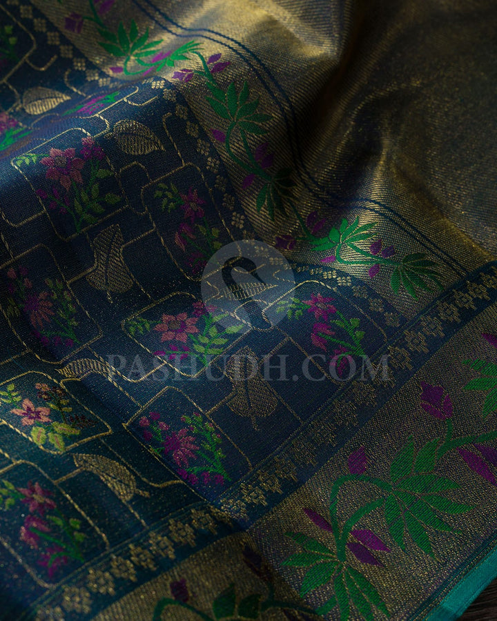 Dual Shaded Peacock Blue Kanjivaram Silk Saree-DJ401(F)