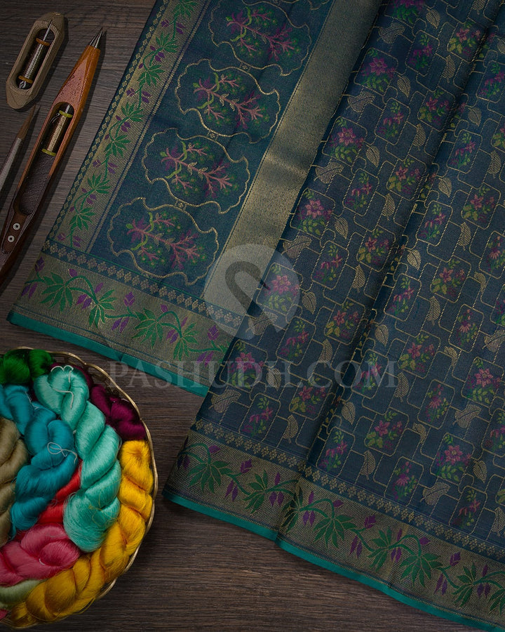 Dual Shaded Peacock Blue Kanjivaram Silk Saree-DJ401(F)
