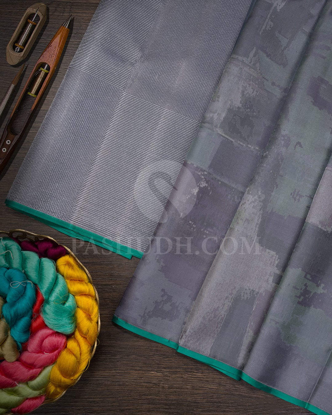 Elephant Grey With Sapphire Green Kanjivaram Silk Saree-DJ403(F)