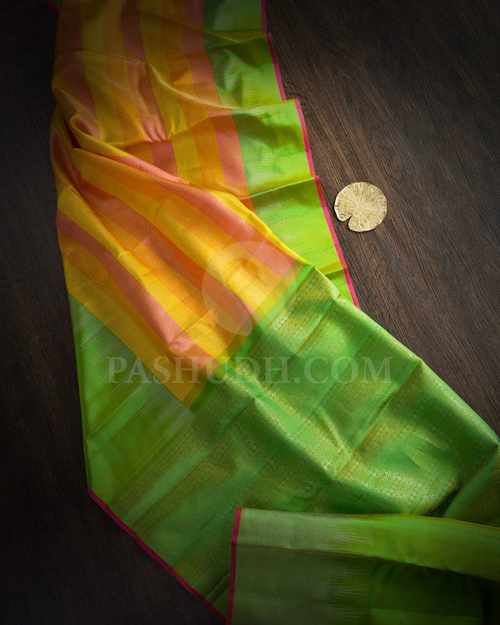 Bright Yellow, Punch Pink And Orange With Parrot Green Kanjivaram Silk Saree-DJ436(G)