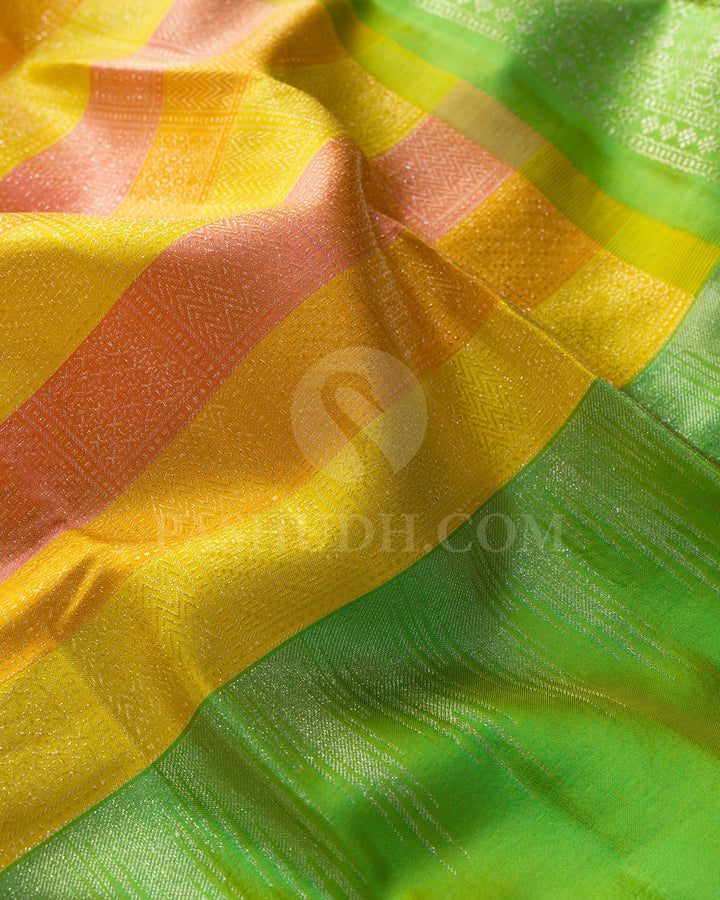 Bright Yellow, Punch Pink And Orange With Parrot Green Kanjivaram Silk Saree-DJ436(G)