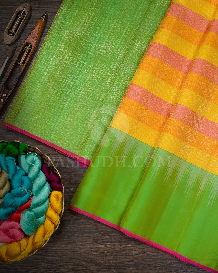 Bright Yellow, Punch Pink And Orange With Parrot Green Kanjivaram Silk Saree-DJ436(G)