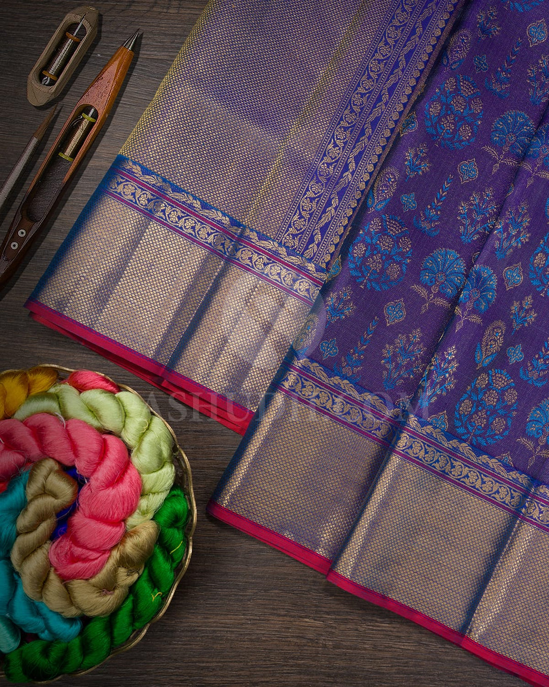 Violet And Anandha Blue Kanjivaram Silk Saree-D697(A)
