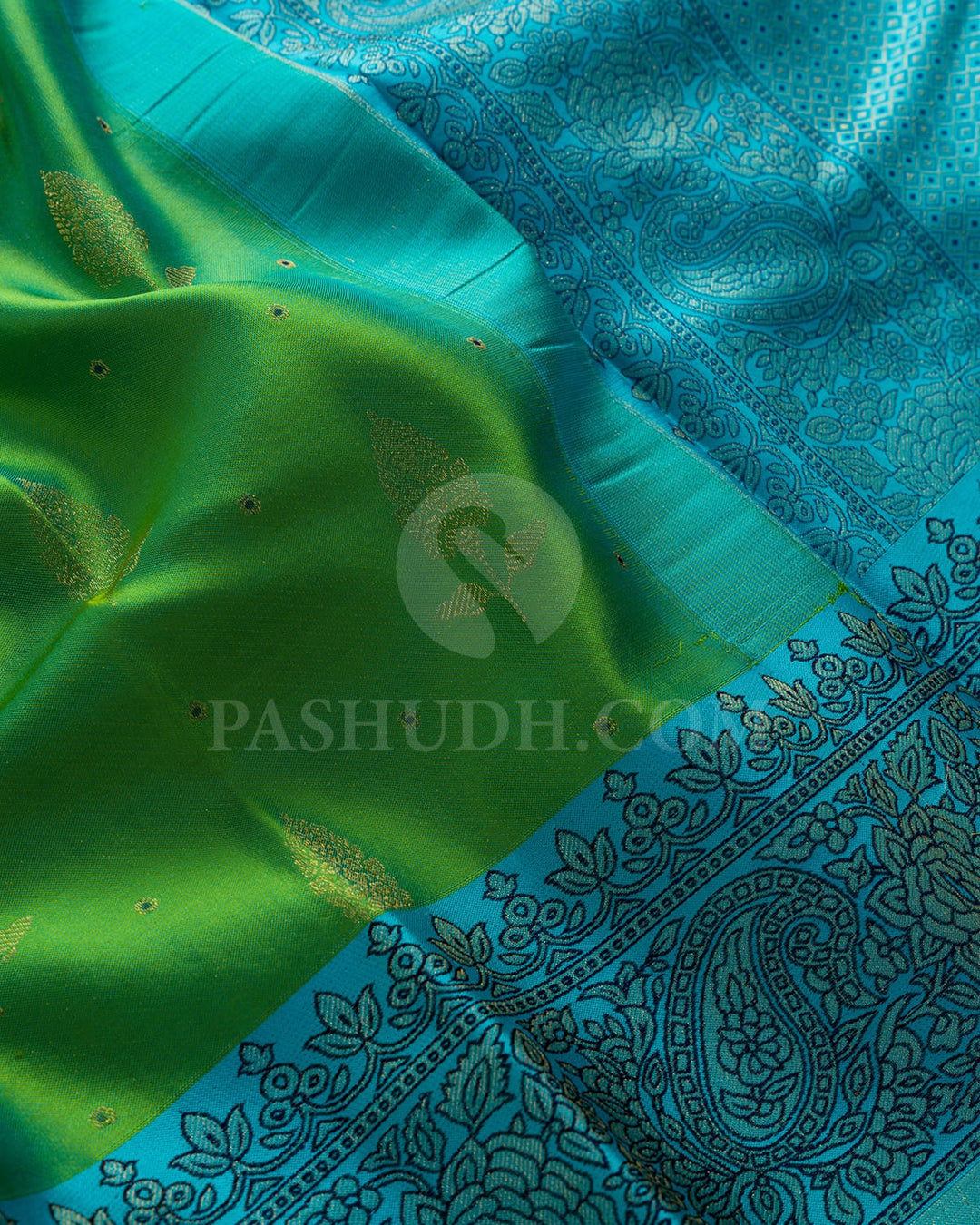 Dual Shaded Parrot Green With Sky Blue Kanjivaram Silk Saree-D677(C)