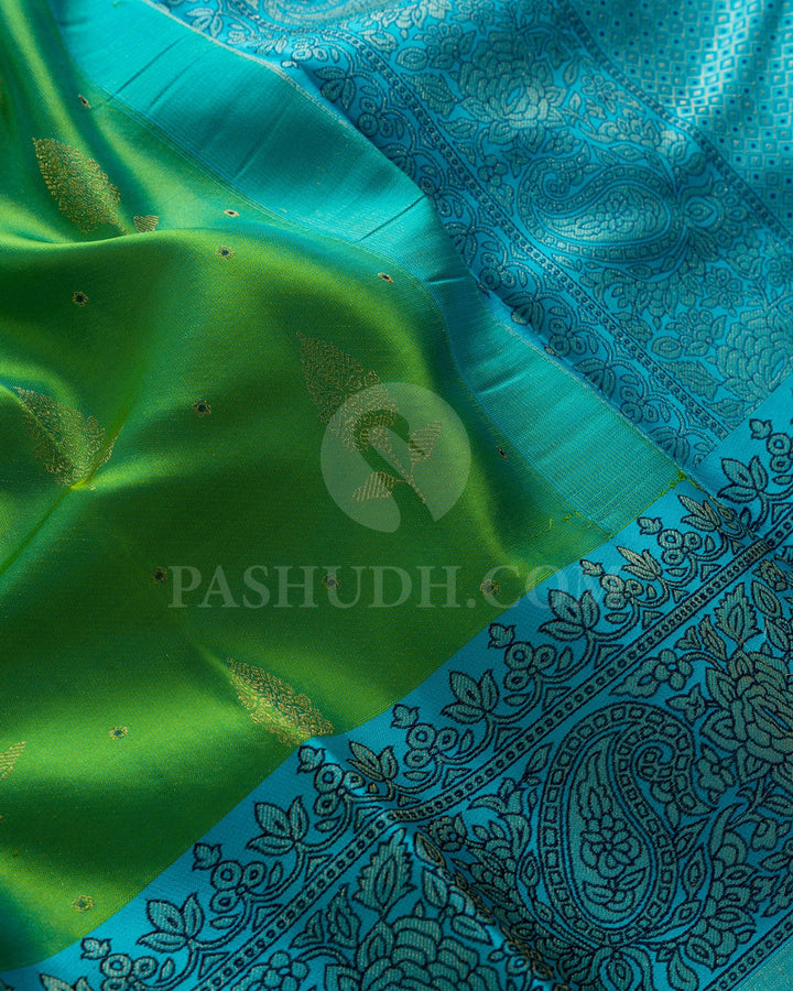 Dual Shaded Parrot Green With Sky Blue Kanjivaram Silk Saree-D677(C)