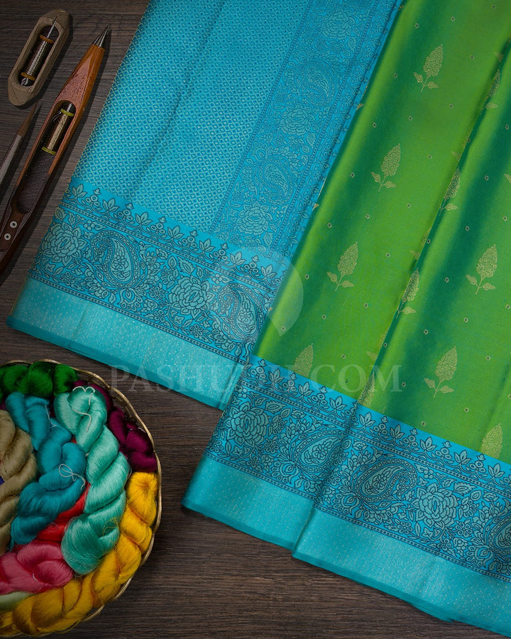 Dual Shaded Parrot Green With Sky Blue Kanjivaram Silk Saree-D677(C)