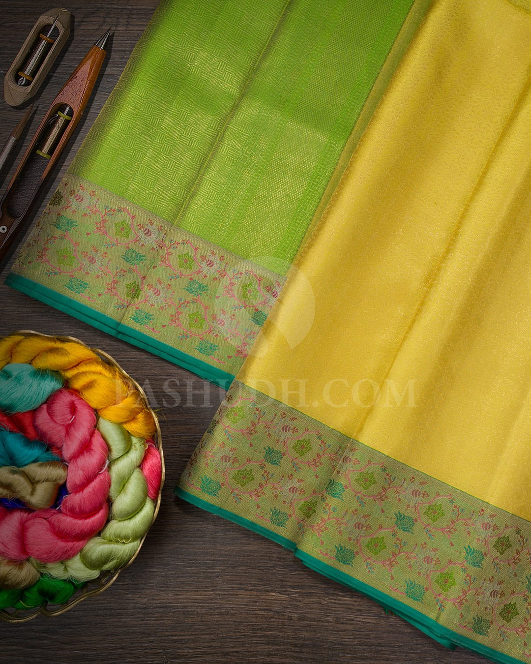 Lemon Yellow With Parrot Green Kanjivaram Silk Saree-D688(B)