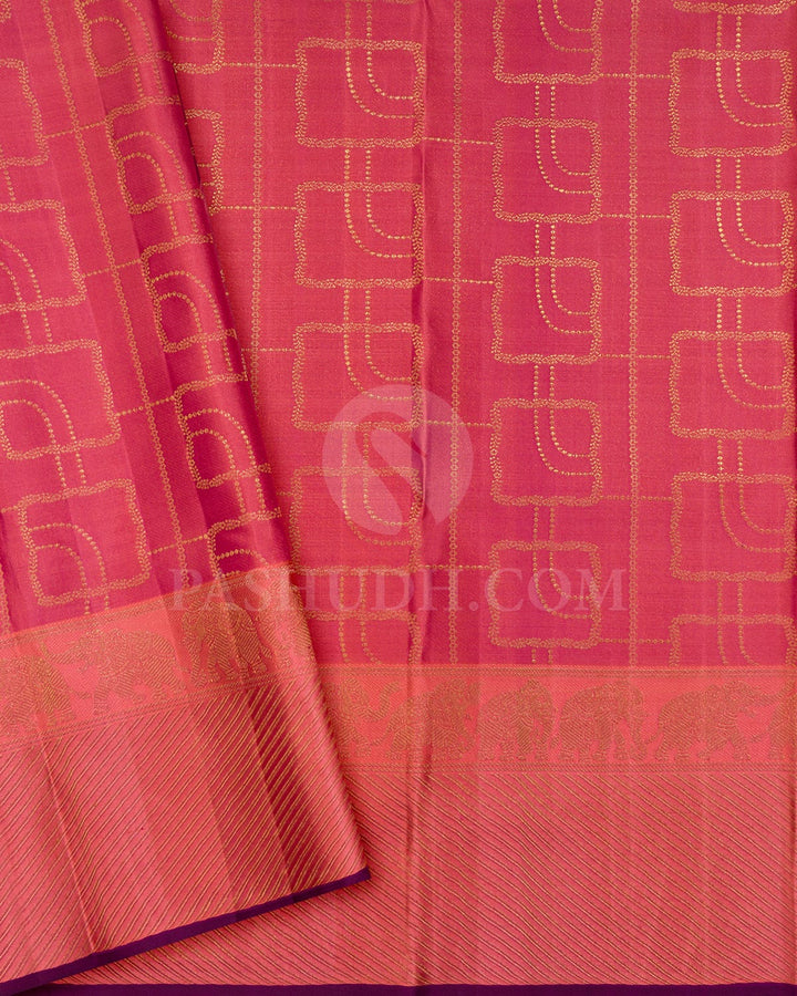 Dual Shaded Honeycomb With Flirty Flamingo Pink Kanjivaram Silk Saree-D687(C)