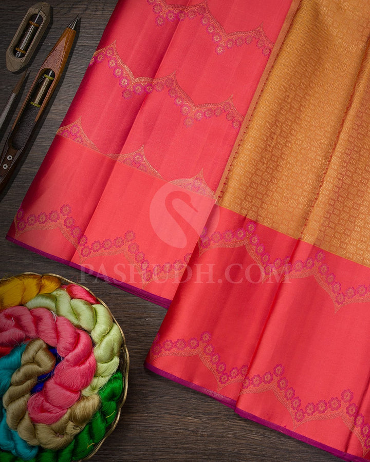 Dual Shaded Honeycomb With Coral Pink Kanjivaram Silk Saree-D610(E)