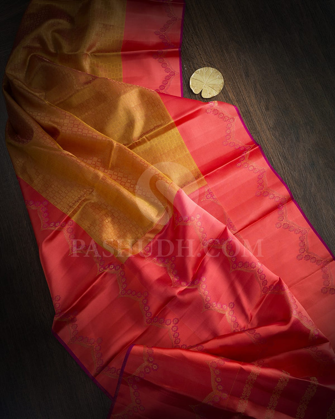 Dual Shaded Honeycomb With Coral Pink Kanjivaram Silk Saree-D610(E)