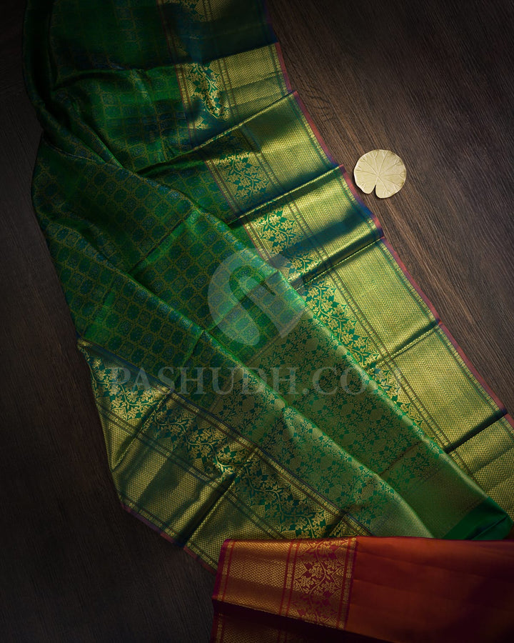 Forest Green With Anandha Blue Kanjivaram Silk Saree-D700(A)