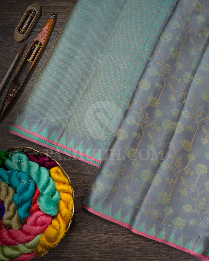 Slate Grey With Sapphire Green Kanjivaram Silk Saree-D685(C)