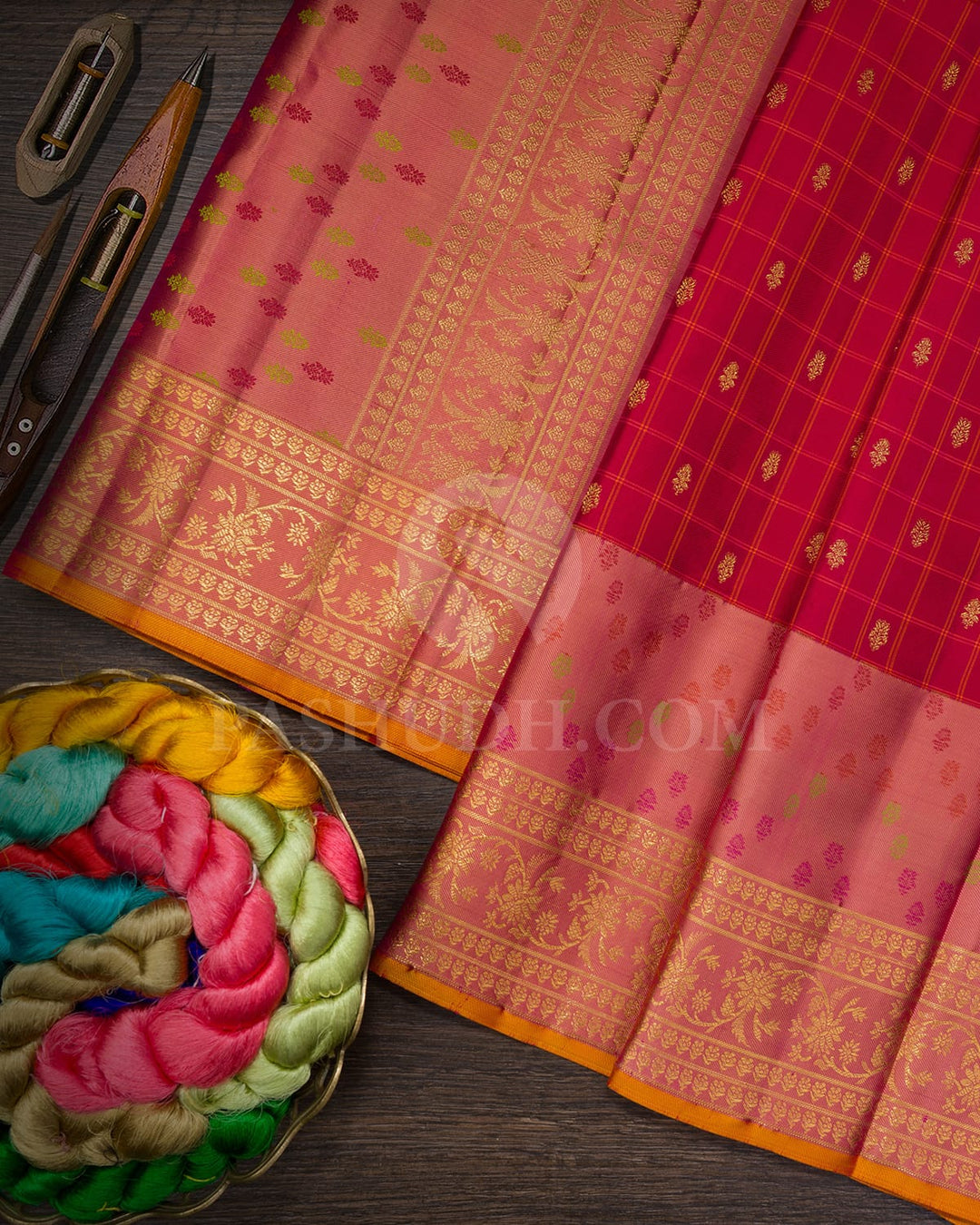 Reddish Pink With Dual Shaded Rose Gold Kanjivaram Silk Saree-DJ454(D)