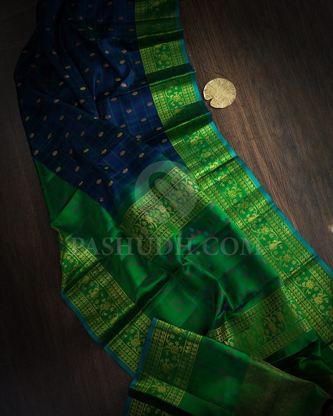 Ink Blue With Dual Shaded Dark Green Kanjivaram Silk Saree-DJ454(C)