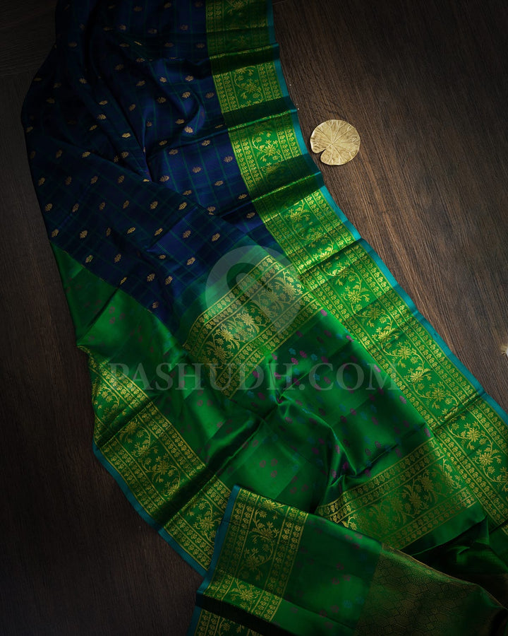 Ink Blue With Dual Shaded Dark Green Kanjivaram Silk Saree-DJ454(C)