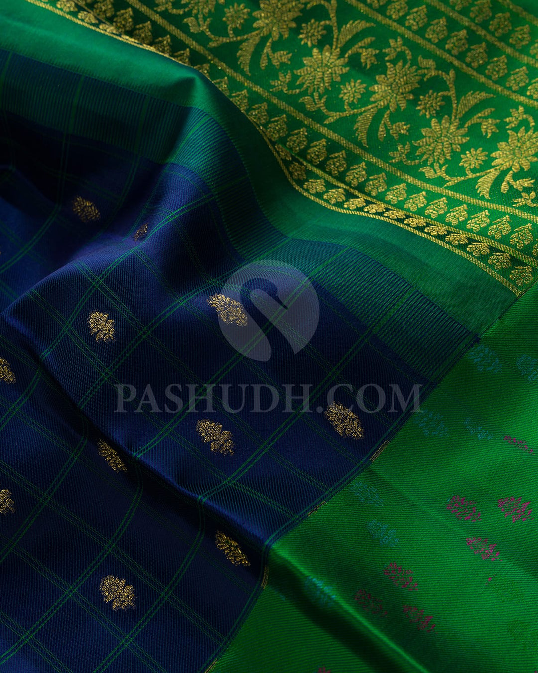 Ink Blue With Dual Shaded Dark Green Kanjivaram Silk Saree-DJ454(C)