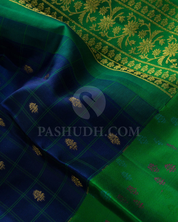 Ink Blue With Dual Shaded Dark Green Kanjivaram Silk Saree-DJ454(C)