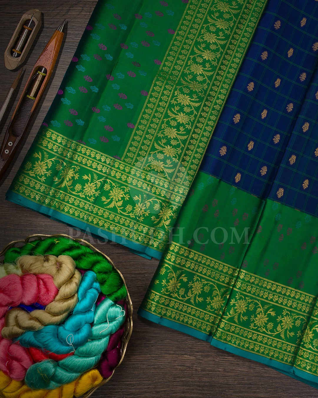 Ink Blue With Dual Shaded Dark Green Kanjivaram Silk Saree-DJ454(C)