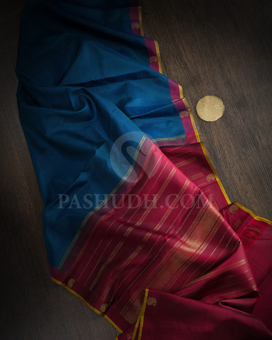 Dual Shaded Peacock Blue With Maroon Pure Zari Kanjivaram Silk Saree-SP455