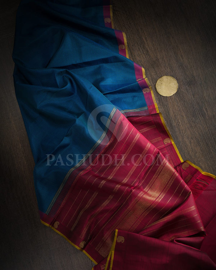 Dual Shaded Peacock Blue With Maroon Pure Zari Kanjivaram Silk Saree-SP455
