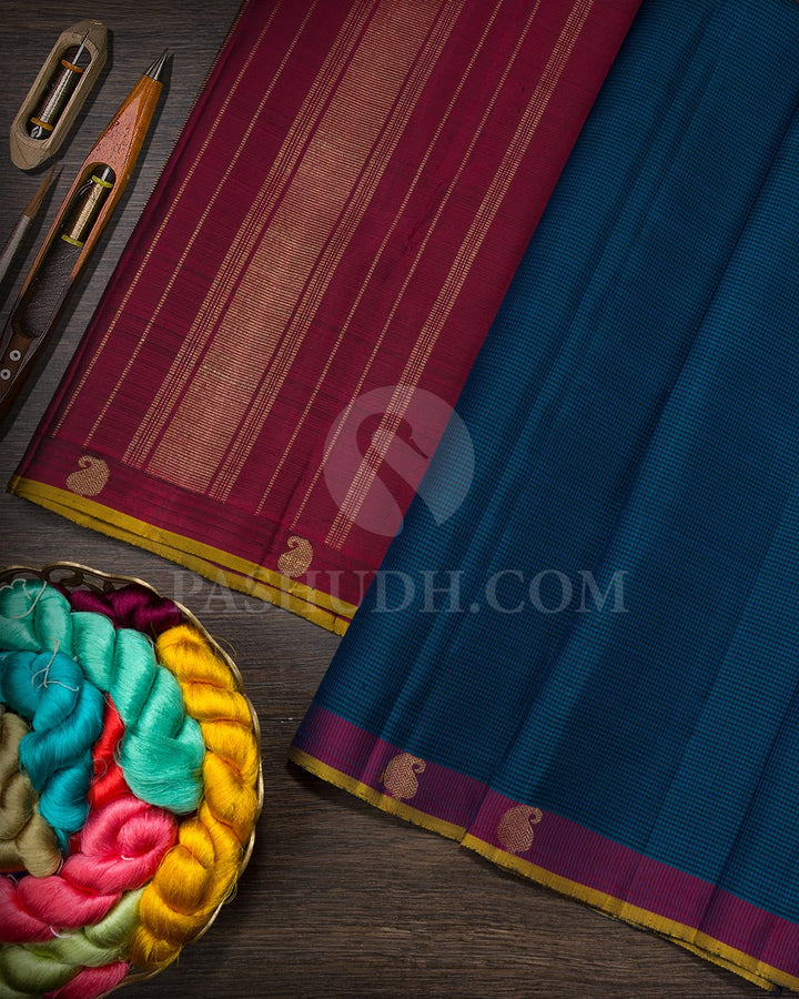 Dual Shaded Peacock Blue With Maroon Pure Zari Kanjivaram Silk Saree-SP455