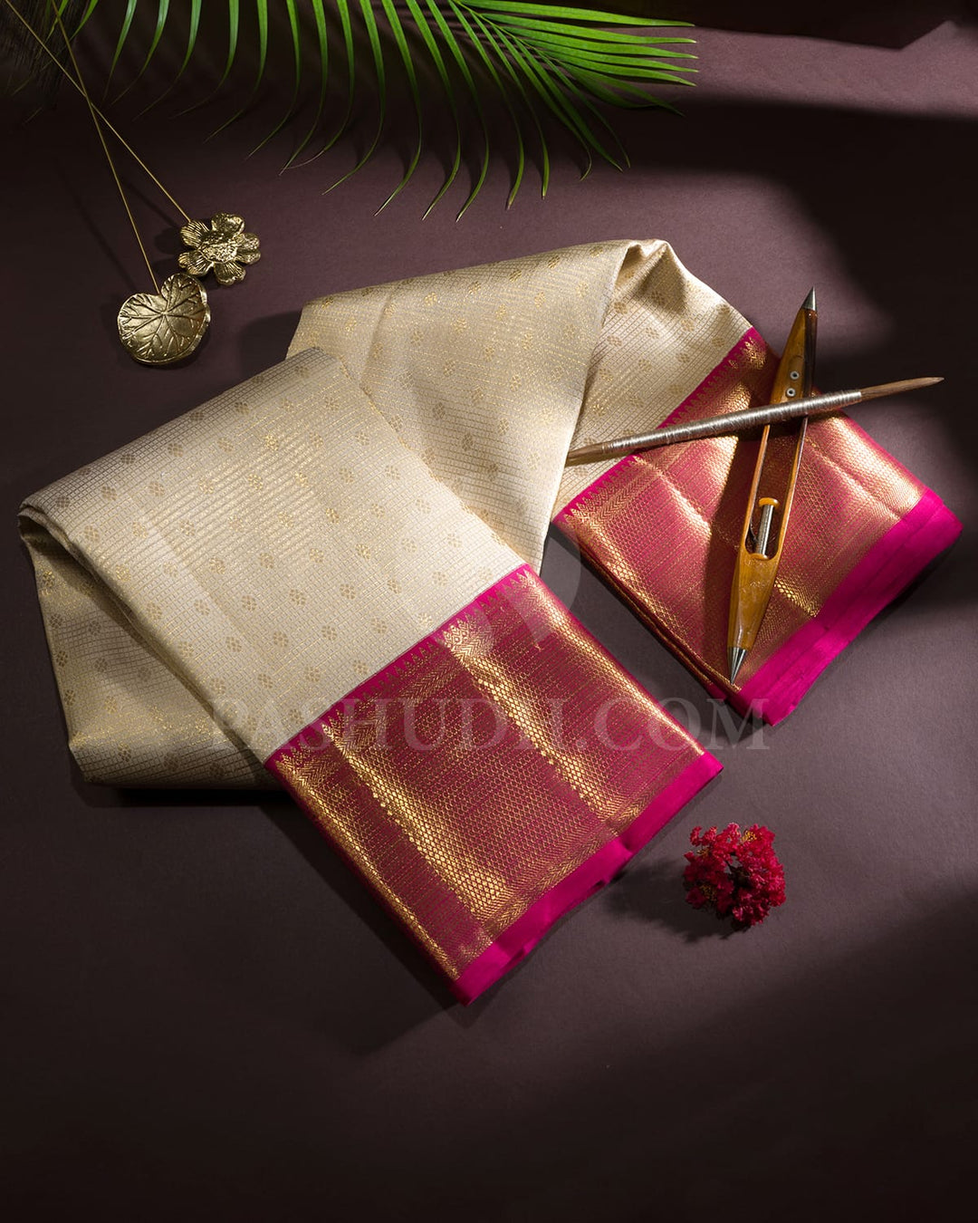 Cream With Rani Pink Bridal Kanjivaram Silk Saree-SP418