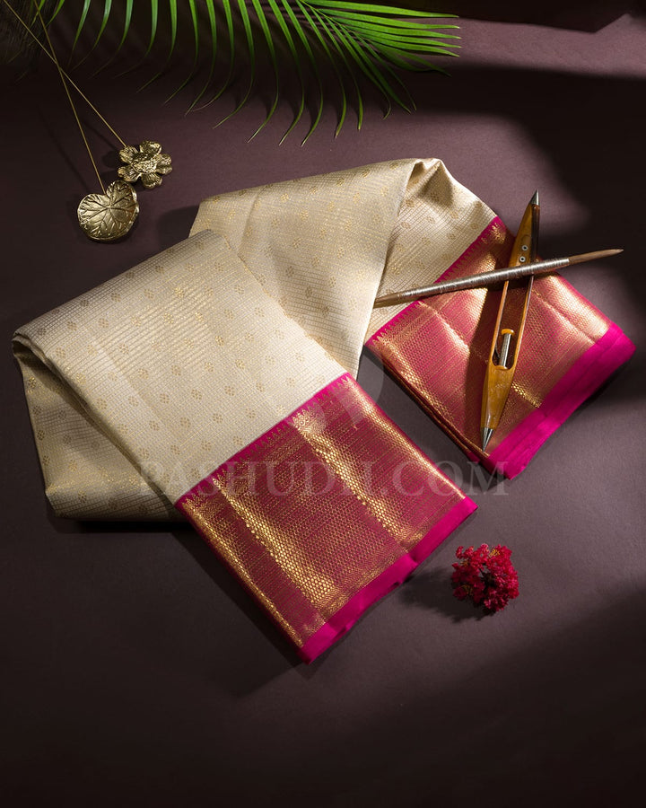 Cream With Rani Pink Bridal Kanjivaram Silk Saree-SP418