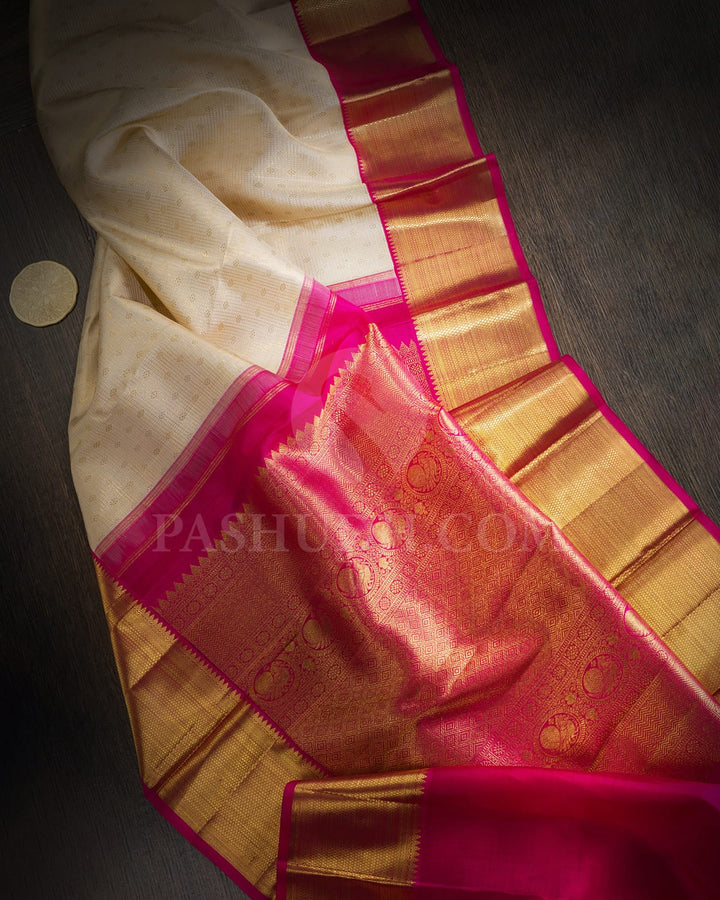 Cream With Rani Pink Bridal Kanjivaram Silk Saree-SP418