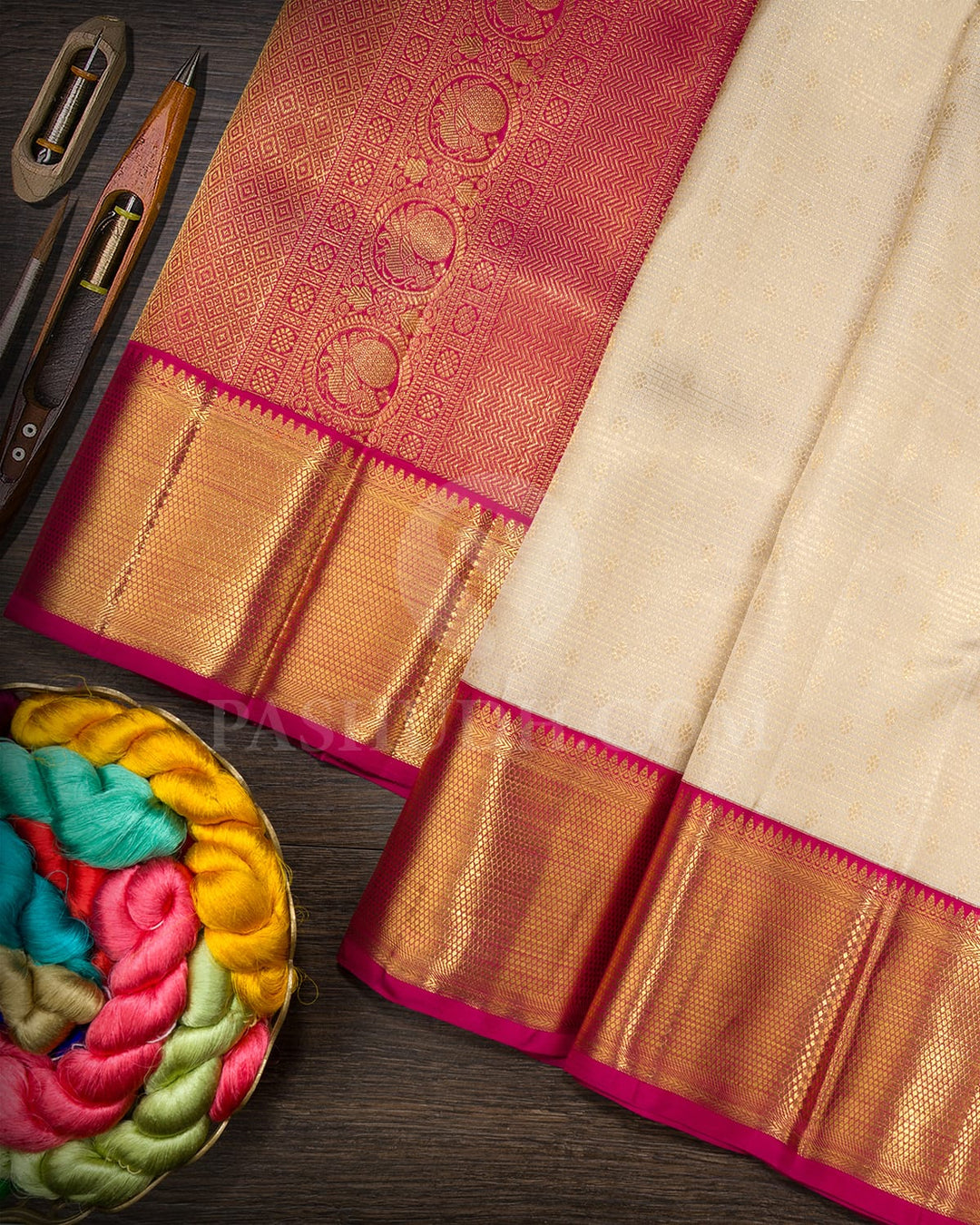 Cream With Rani Pink Bridal Kanjivaram Silk Saree-SP418