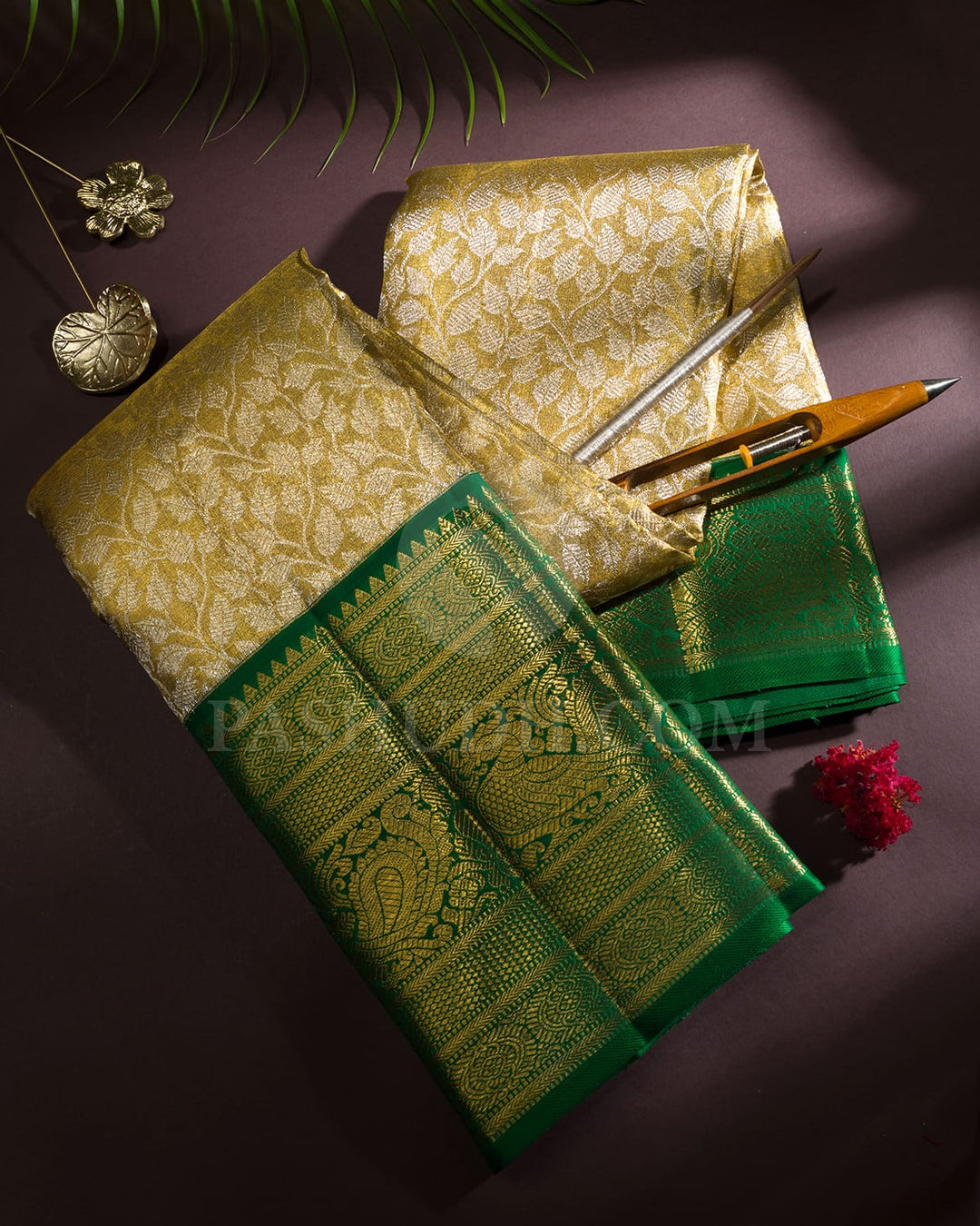 Gold With Silver And Forest Green Tissue Kanjivaram Silk Saree-SP444