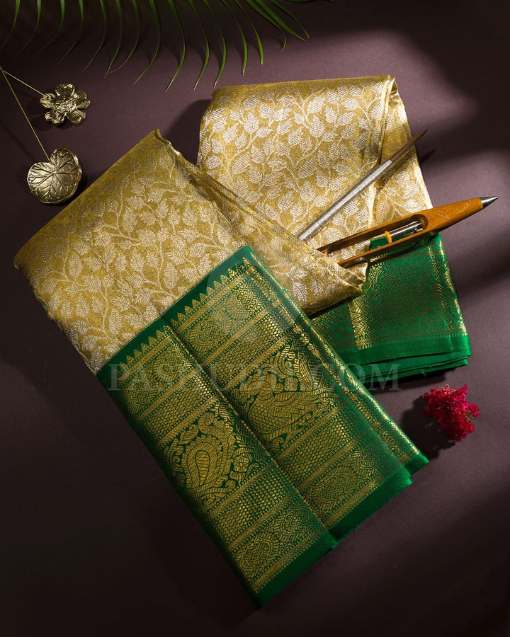 Gold With Silver And Forest Green Tissue Kanjivaram Silk Saree-SP444